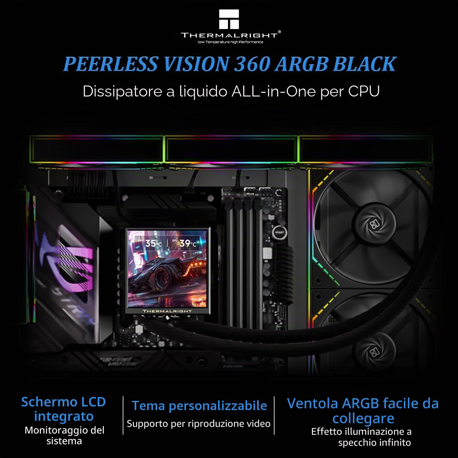 Thermalright Peerless Vision 360 ARGB Black Aio - Refrigeratore a liquido per CPU, schermo IPS da 3,95 pollici con risoluzione 480 x 480, ventola CPU Splicing wireless, per AM5/Intel LGA1851/1700