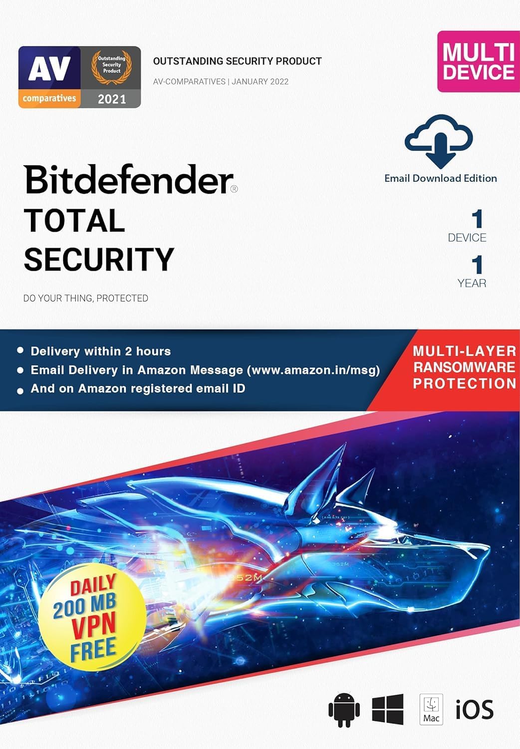 BitDefender Total Security 2017 - 1 User, 1 Year (Multi Device - Windows, Mac and Android) (Activation Key Card)