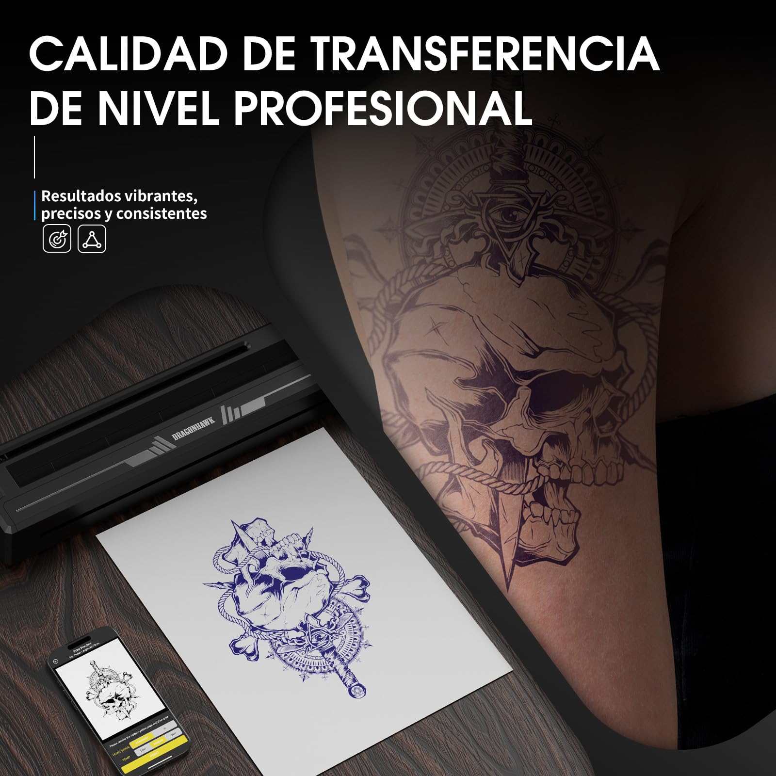 Dragonhawk A4 Impresora Térmica Inalámbrica para Esténciles de Tatuajes Portátil Compatible con Teléfono Tablet PC