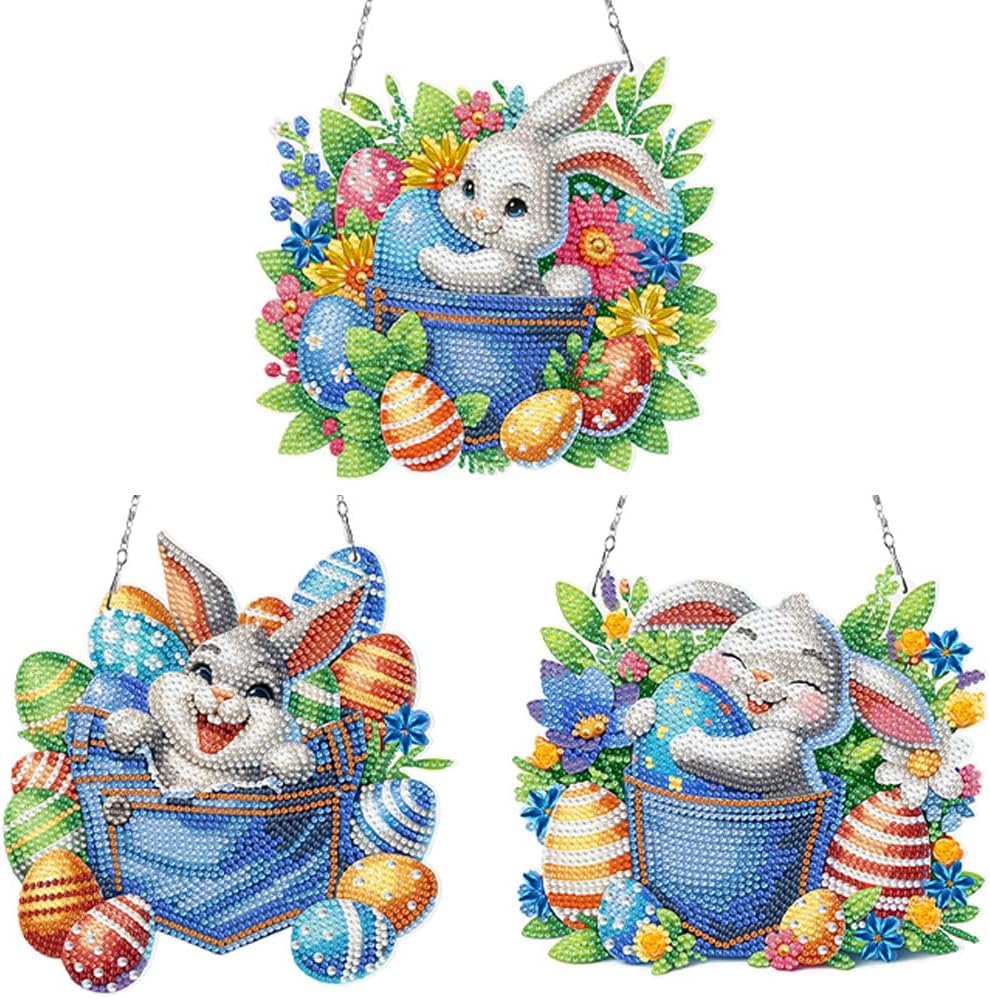 C'eitura 3pcs Easter Bunny Egg 5D DIY Diamond Art Painting Hanging Pendant Rhineston for Easter Home Garden Window Decor
