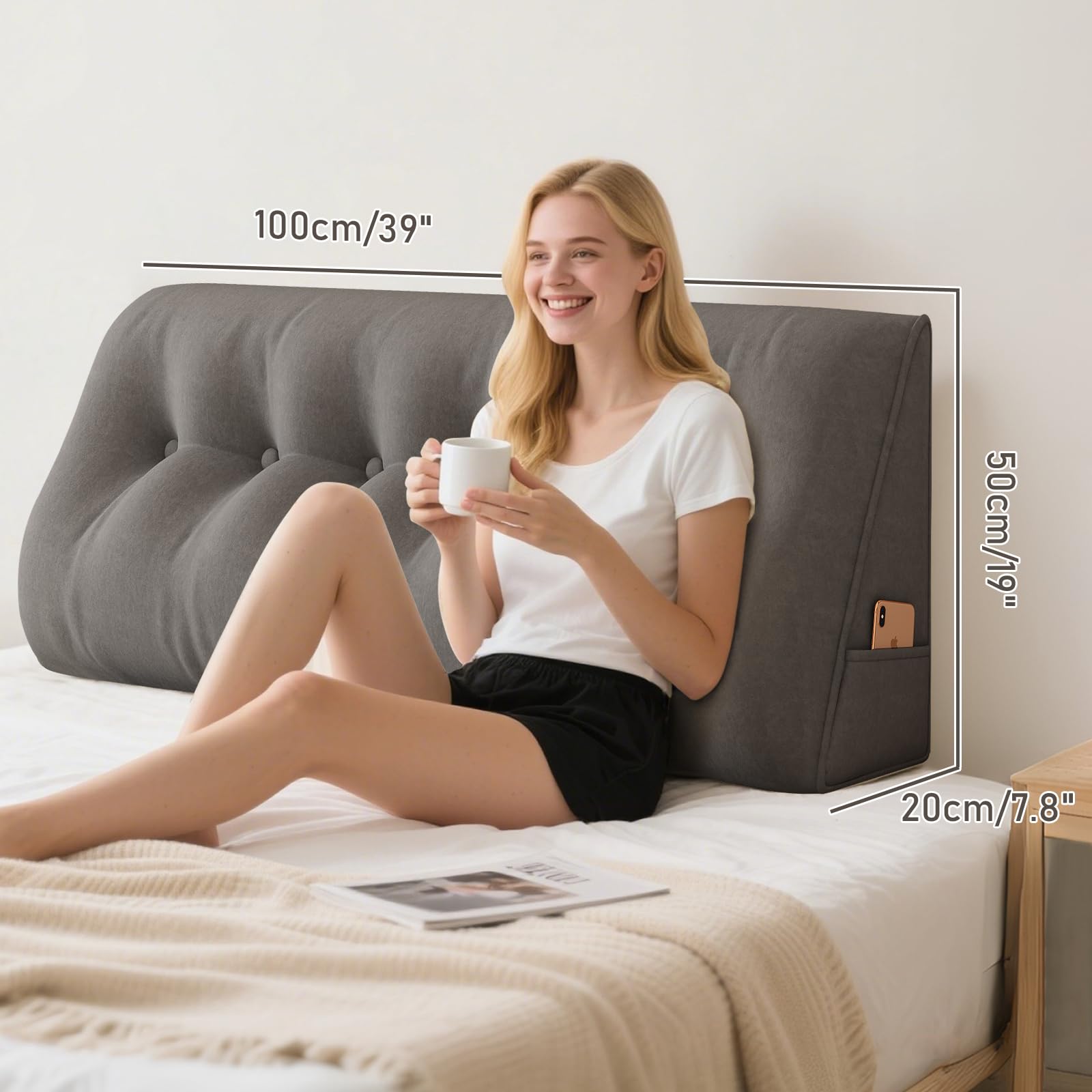 ShowyLive Cuscino Schienale Letto, Cuscino da Lettura per Letto Divano, Cuscino per la Schiena e la Testa con Tasca Laterale, Rivestimento Sfoderabile e Lavabile (100 * 50 * 20 cm, Grigio Scuro)