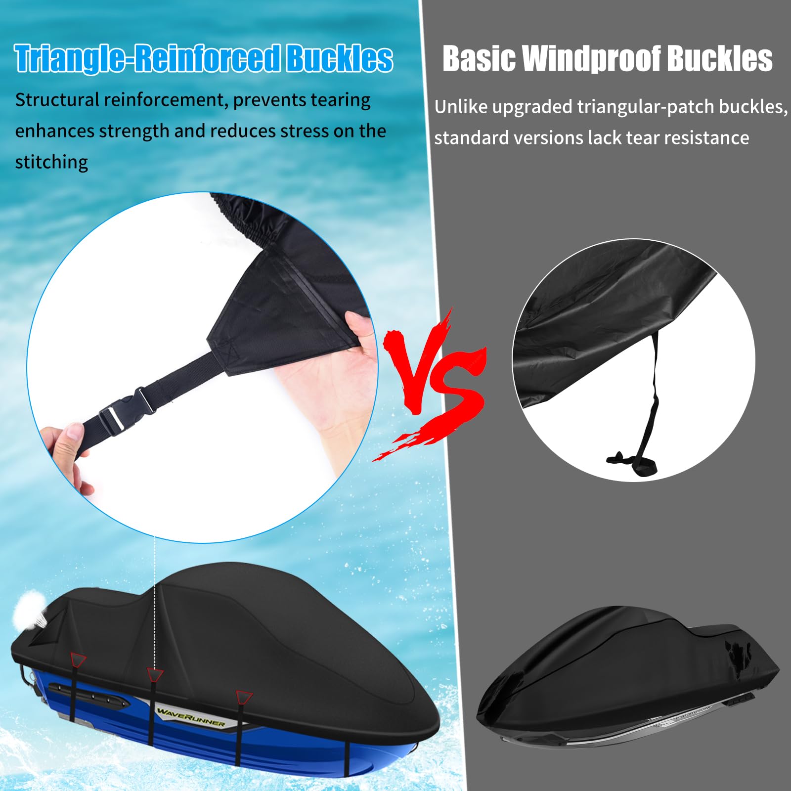 Funda Moto Acuática 3 Plazas 900D Resistente Impermeable, 2 Orificios Ventilación, Hebillas Antiviento, Universal Todo Clima, 345-370CM Negro