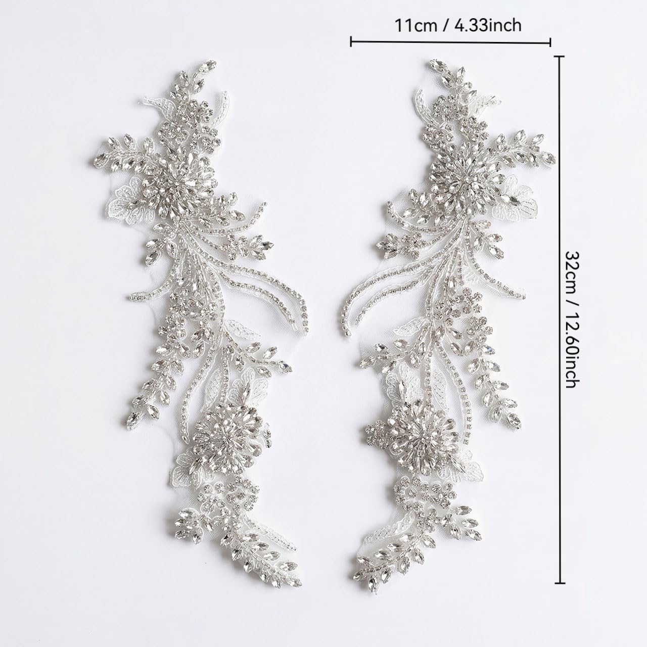 1 Pair Silver Rhinestone Applique Patches, 4.3x12.6 Hand-Beaded Crystal Floral Embellishments, Sew-on Mirror Image Patches for Wedding Dresses, Bridal Gowns, Evening Prom & Dance Costumes