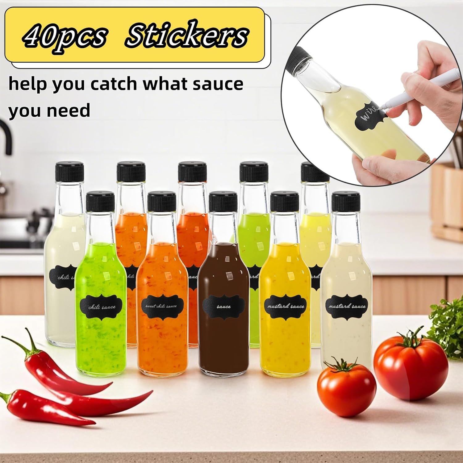 Cedilis 35 Pack Glass Woozy Bottles, 5oz Clear Hot Sauce Bottles, Small Empty Liquor Wine Bottle with Shrink Capsule, Black Screw Caps, Dripper Insert, Labels and Funnels
