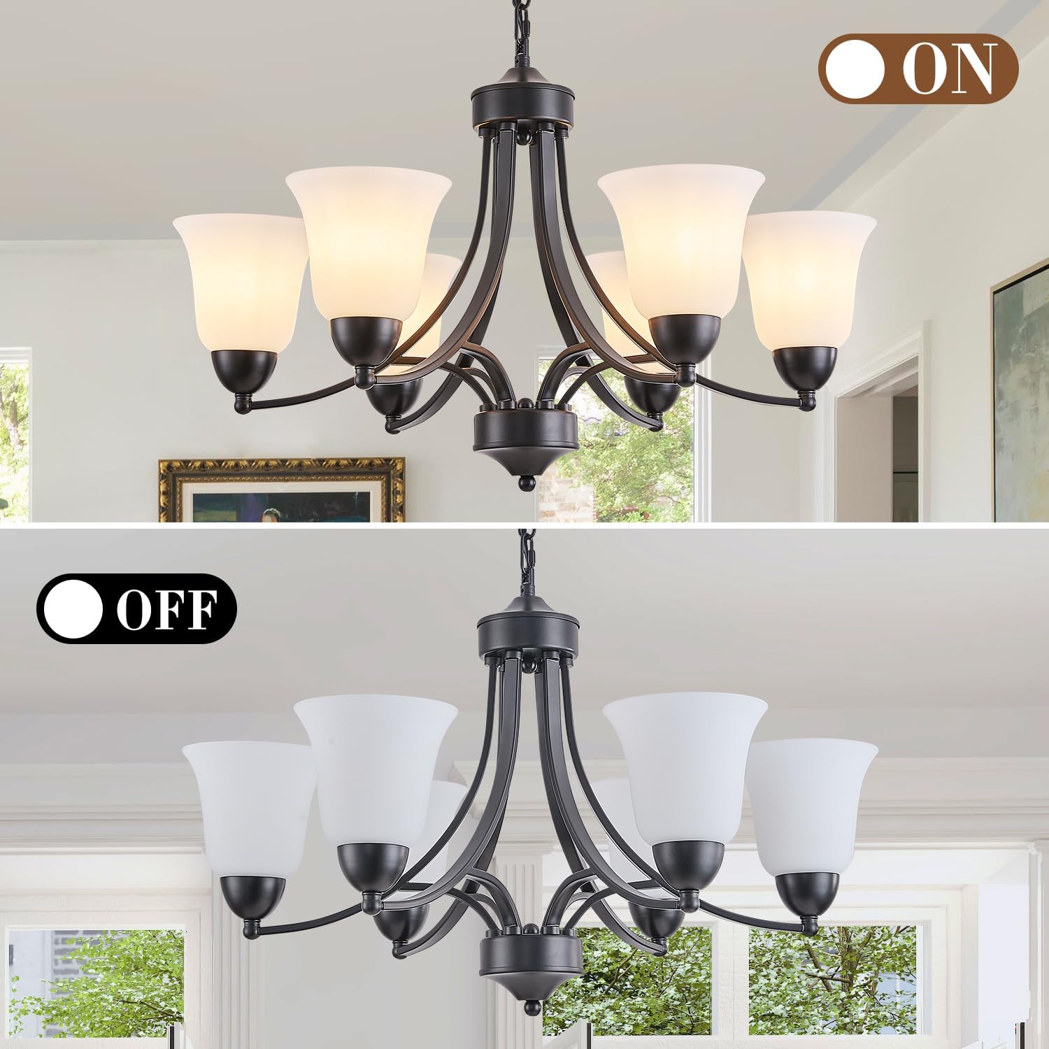 Farmhouse 6-Light Chandeliers with Frosted Glass, Black Rustic Vintage 47.2 Adjustable Height Pendant Lighting, Rustic Ceiling Hanging Light Fixture for Dining Room, Kitchen, Living Room