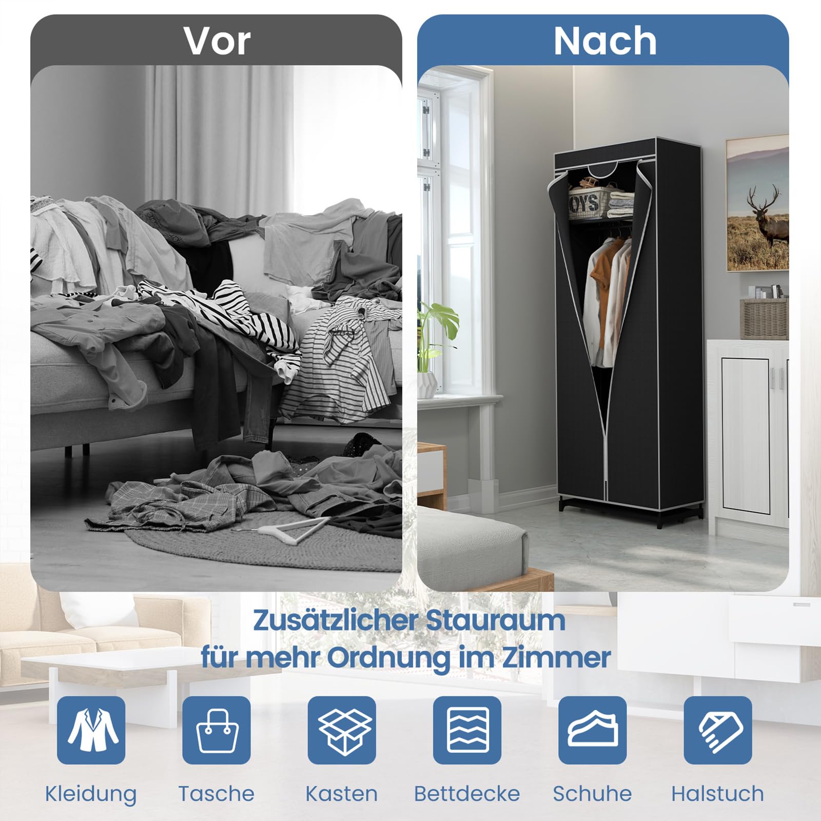GOPLUS Kleiderschrank Stoff, Stoffschrank mit Reißverschluss & Kleiderstange, Stoffschrank Stoffkleiderschrank klappbar für Schlafzimmer, 74 x 50 x 172cm (Schwarz)