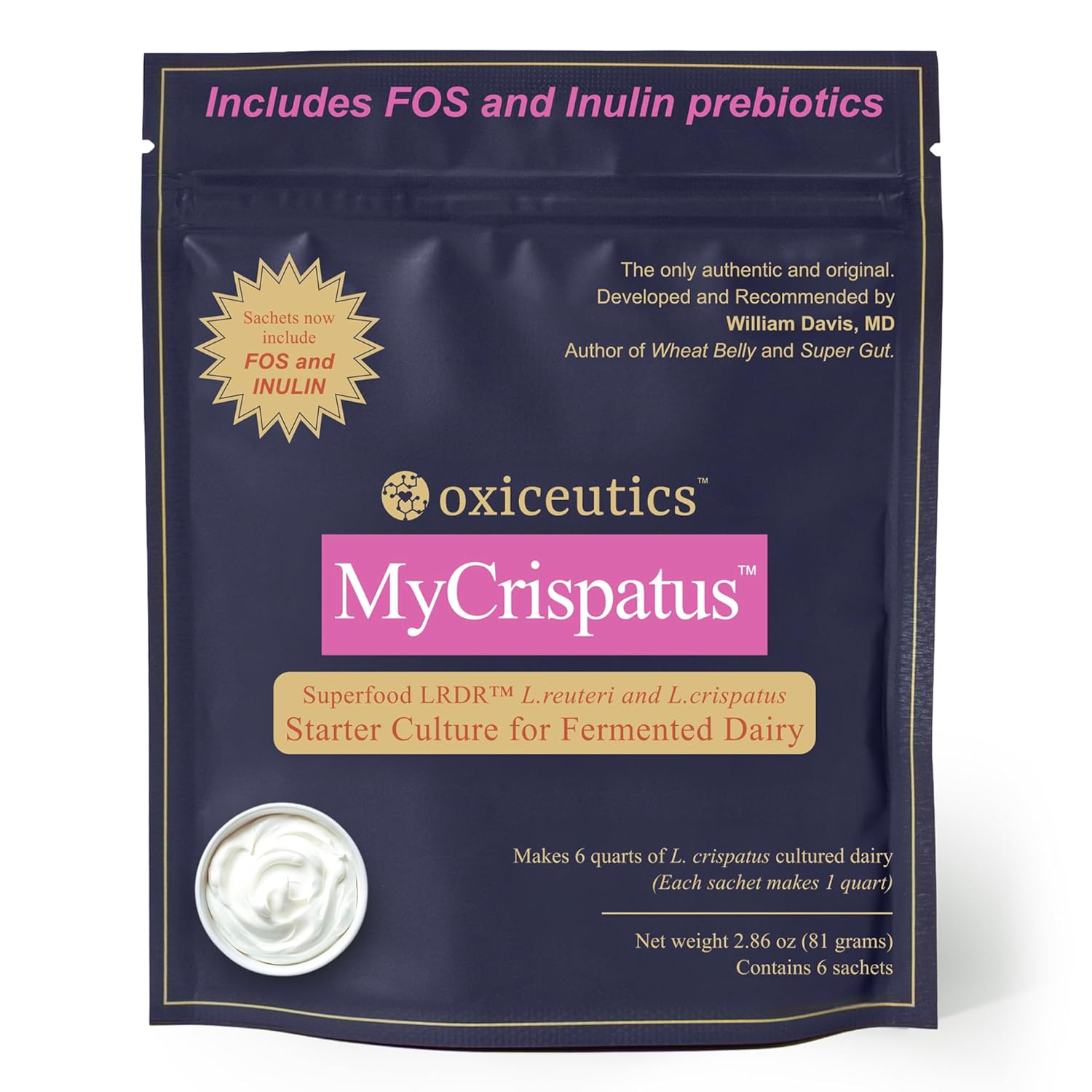 MyCrispatus™ Complete Starter Culture – L. crispatus + LRDR™ L. reuteri – FOS/Inulin Prebiotic Blend – Live Active Cultures – Makes 6 Quarts Yogurt‑Like Cultured Dairy – Developed with Dr. William Davis