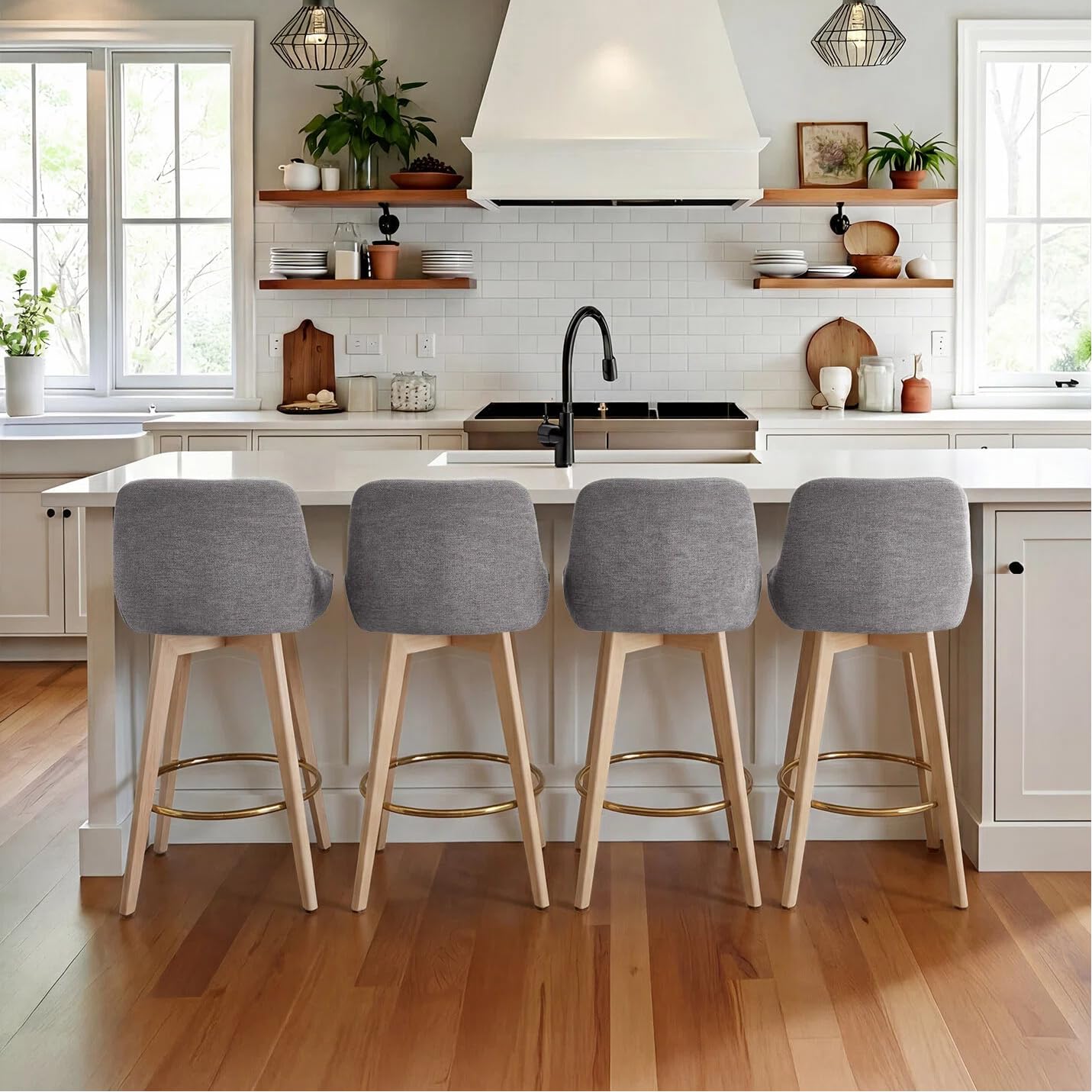 Zesthouse Swivel Counter Height Stools Set of 4, 26" Wooden Barstools with Back &amp; Solid Wood Legs, Modern Upholstered Bar Stools for Kitchen Island, Grey Linen Fabric Counter Height Chairs