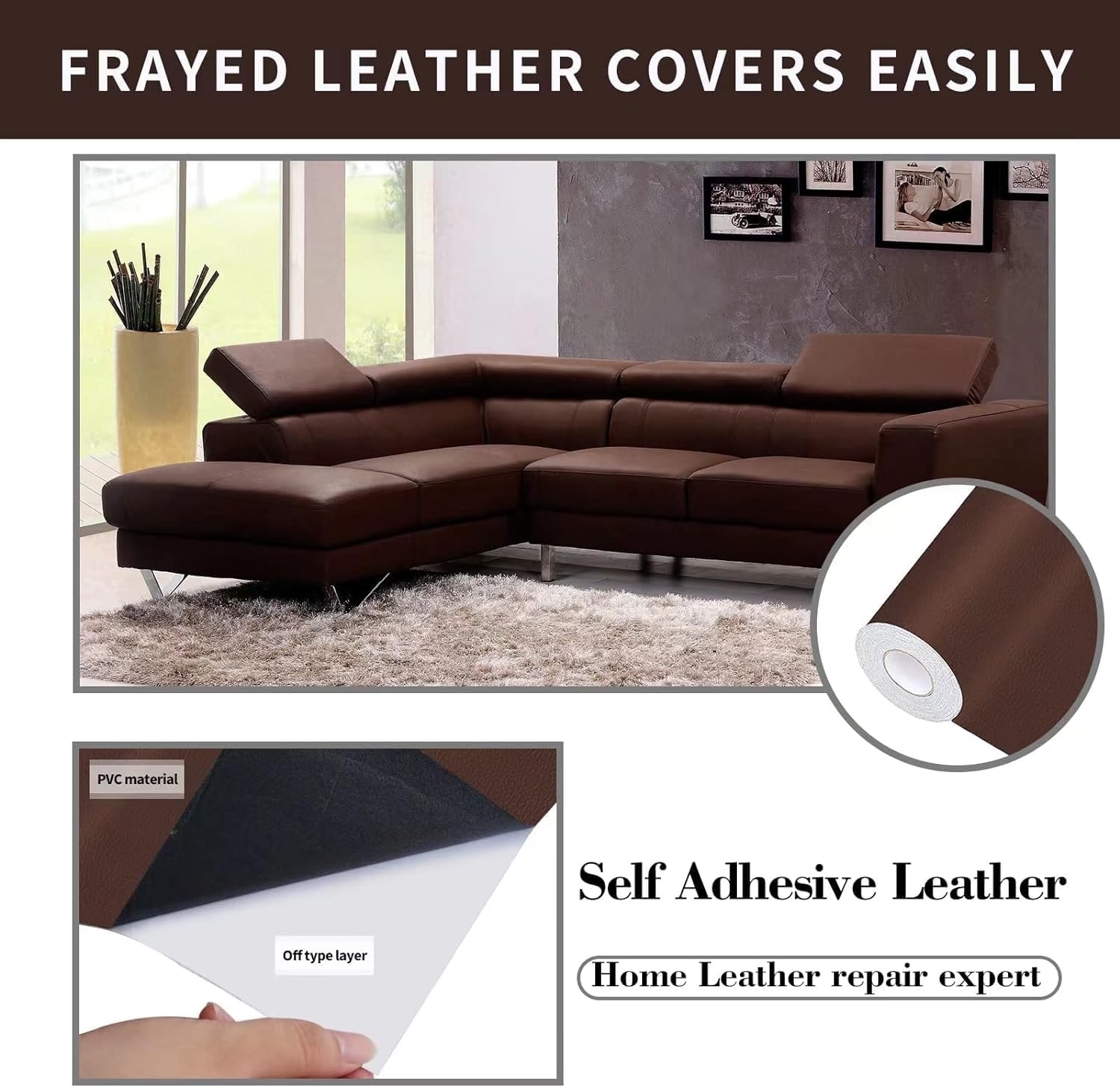 Leather Repair Patch, 17X158 Inch Self Adhesive Leather Repair, Large Vinyl Patch Tape for Couches, Furniture, Car Seats, Cabinets, Wall, Handbags （Brown, 17X158 Inch）