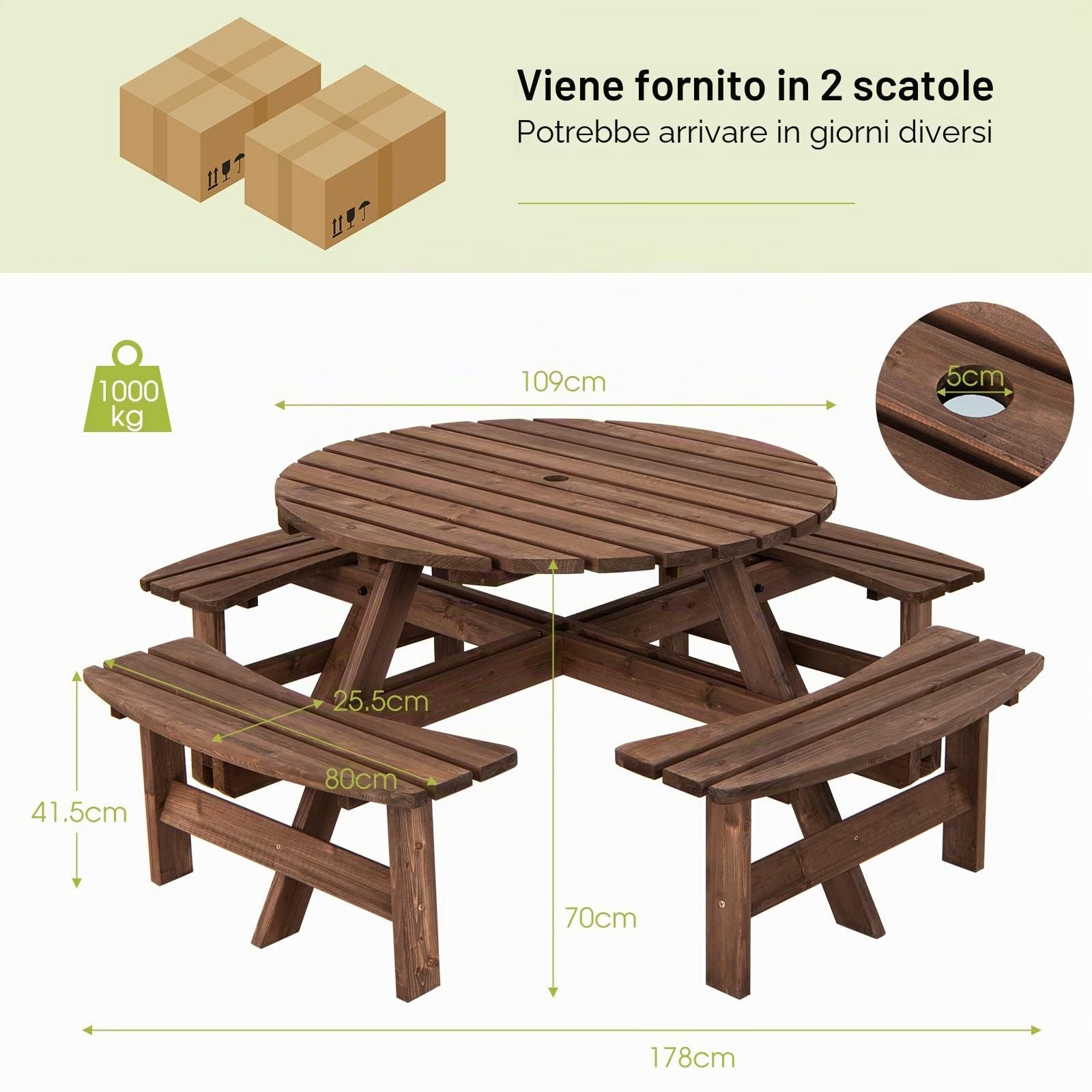 GIANTEX Set di Tavolo e Panche Da Esterno Rontondo in Legno, Set di Mobili da Giardino per 8 Persone con Foro per Ombrellone, Resistente alle Intemperie, 178x178x70 cm