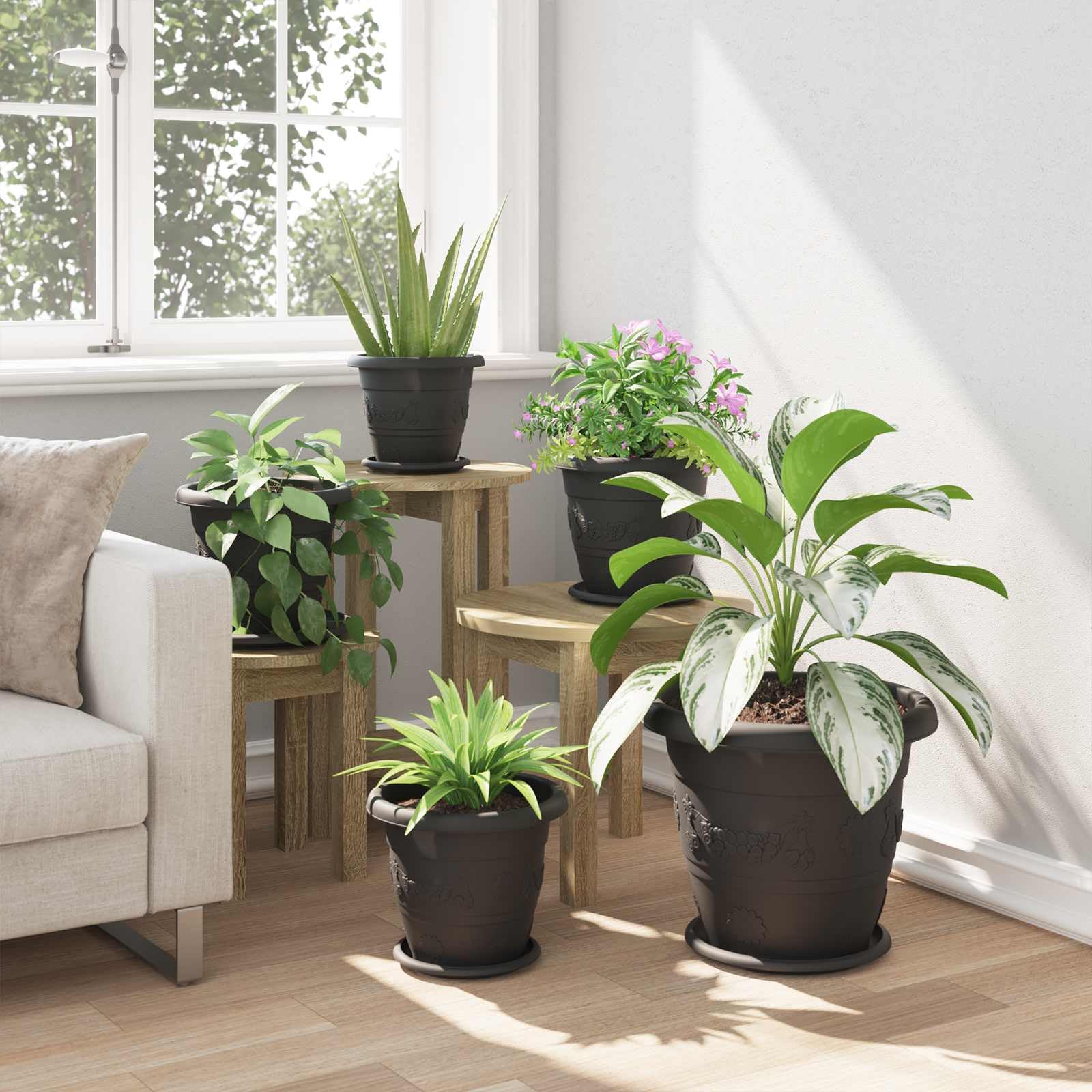 Blumentöpfe 24er Set Schwarz Ø 26 x 21,5 cm, Modernes Pflanzgefäß aus Kunststoff für Innen und Außen, Zylindrische Blumentöpfe mit Entwässerungslöchern für Garten und Balkon