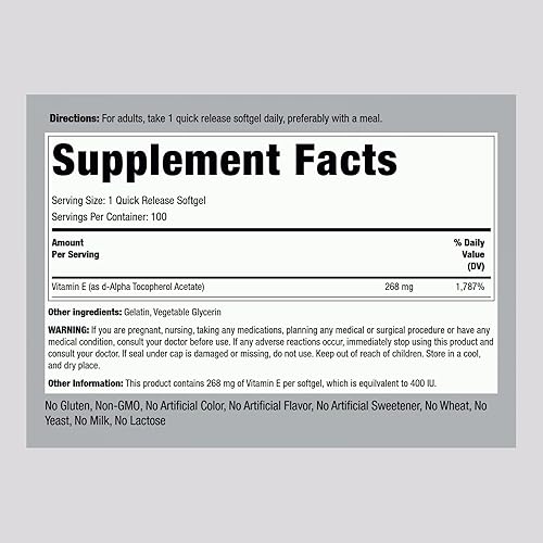 Vista 2 de Piping Rock Cápsulas blandas de vitamina E de 400 UI 268 mg 100 cápsulas de cápsulas blandas D-alfa tocoferol Suplemento sin OMG, sin gluten