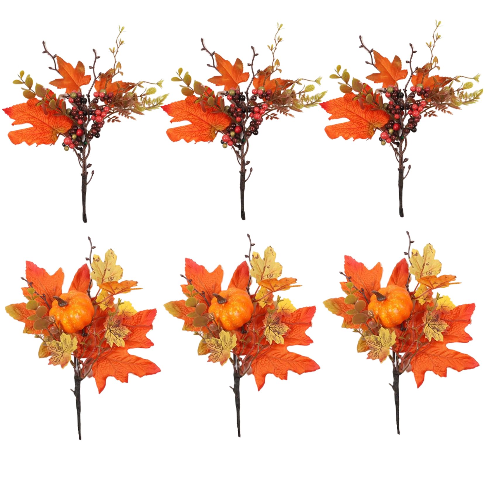 Awnsimfreien 6Pcs Pumpkin Stems, Fall Floral Picks, Artificial Fall Floral Stems With Maple Leave, Pumpkin ＆ Berry, 9.8 Inch Leaves Decor For Harvest Autumn Thanksgiving Halloween