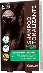 Shampoo Tonalizante Kiss New York Castanho Médio, Caixa Com 3x30ml, Cobertura de Fios Grisalhos, Coloração Sem Amônia, Enriquecido Com Ginseng