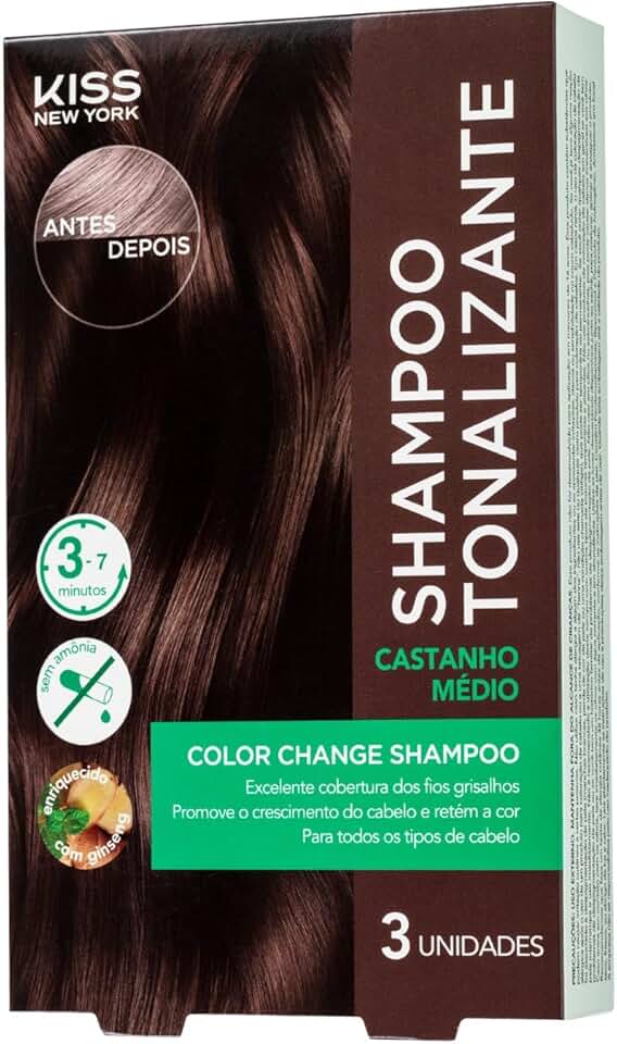 Shampoo Tonalizante Kiss New York Castanho Médio, Caixa Com 3x30ml, Cobertura de Fios Grisalhos, Coloração Sem Amônia, Enriquecido Com Ginseng