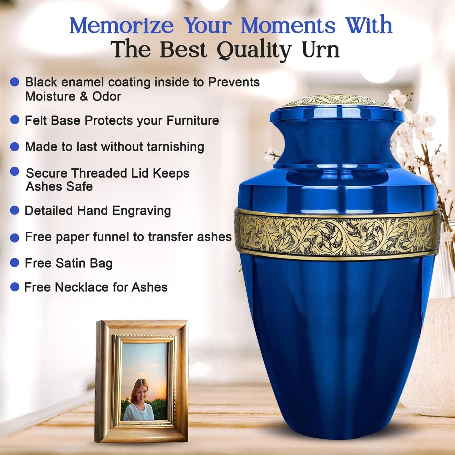 Blue Urns for Human Ashes Adult Female & Male with Ash Necklace & Velvet Bag | Handcrafted Blue and Gold Metal Cremation Urns for Human Ashes Adult Man | Elegant Burial & Funeral Urn - 220 lbs