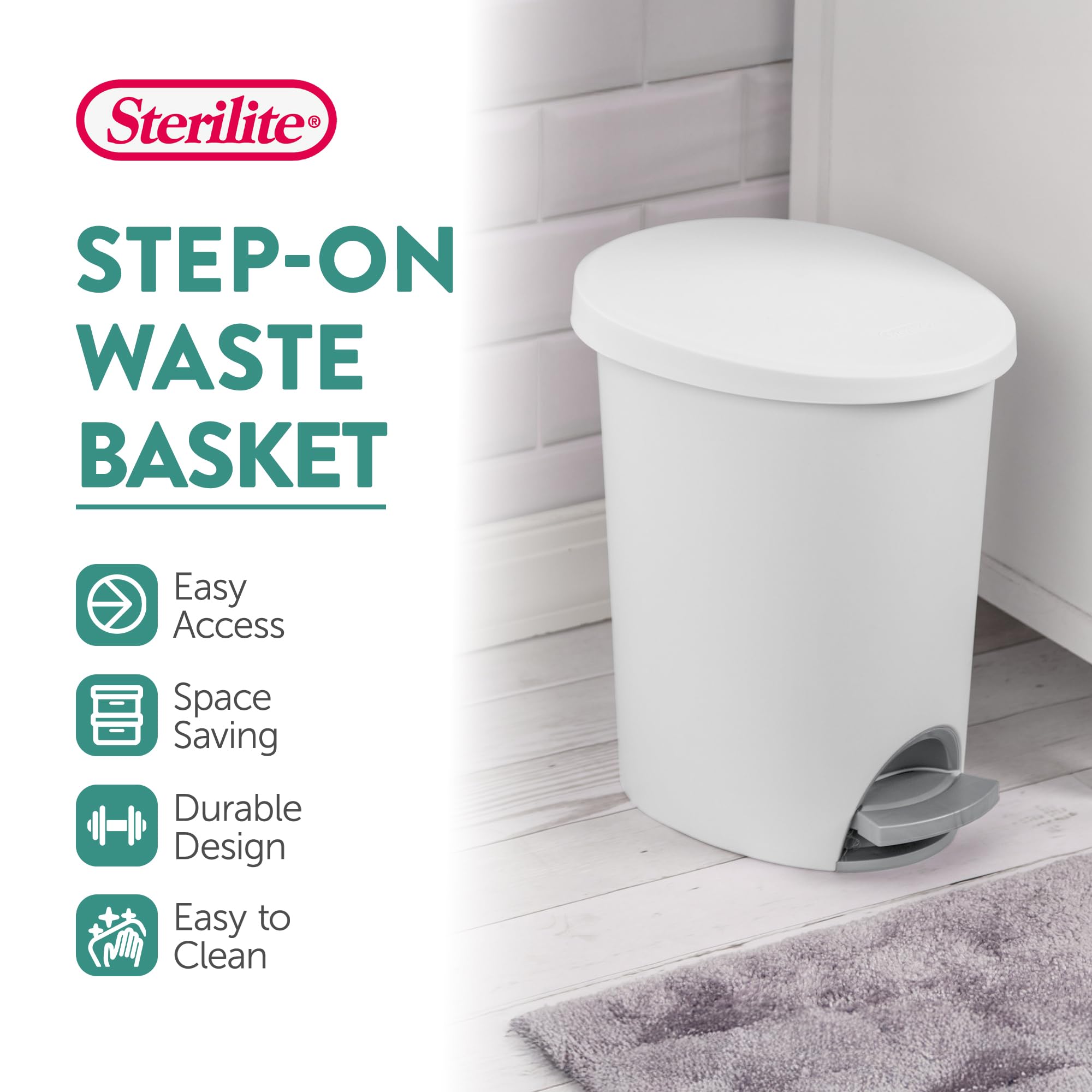 Sterilite 10818002 2.6-Gallon Ultra Step-On Wastebasket, 2-Pack