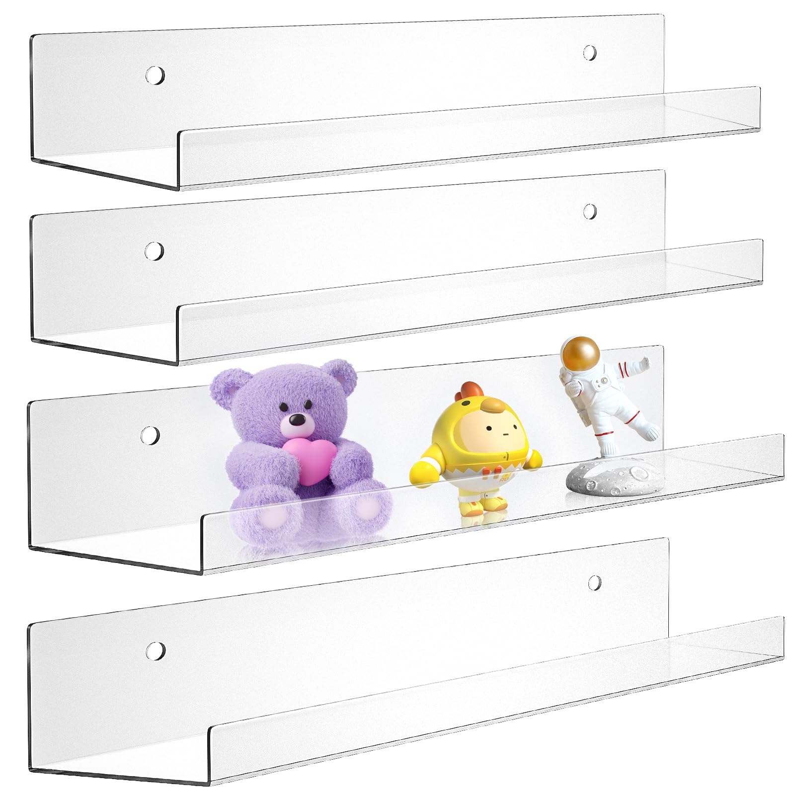 Acrylic Shelves for Wall Storage, Clear Floating Shelves for Funko Pop Display, Book Shelf Organizer in Bedroom, Living Room, Bathroom, Kitchen, 15'' Set of 4 (2 kind width)