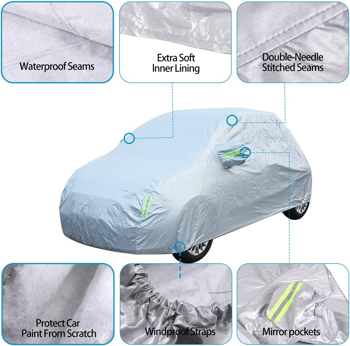 Car Cover Waterproof All Weather Compatible with Fiat 500/500 Abarth 2011-2022，Car Cover Sun Hail UV Snow Dust Protection Cover Exterior Accessories (Silver)