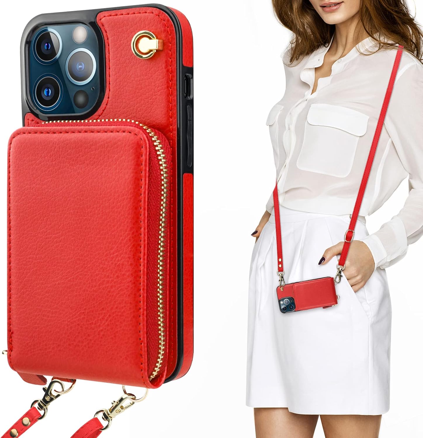 KIHUWEY Crossbody Wallet Case for iPhone 13 Pro Max, Zipper Pocket Case with Card Holder, PU Leather Protective Cover with Kickstand and Detachable Wrist Strap Lanyard (Red) 6.7"