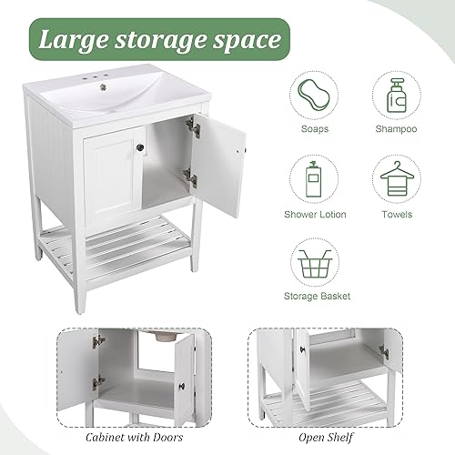 Miniatura 6 de Armario de tocador de baño de 24 pulgadas con parte superior de fregadero de cerámica, estante de almacenamiento abierto, puertas de cierre suave,