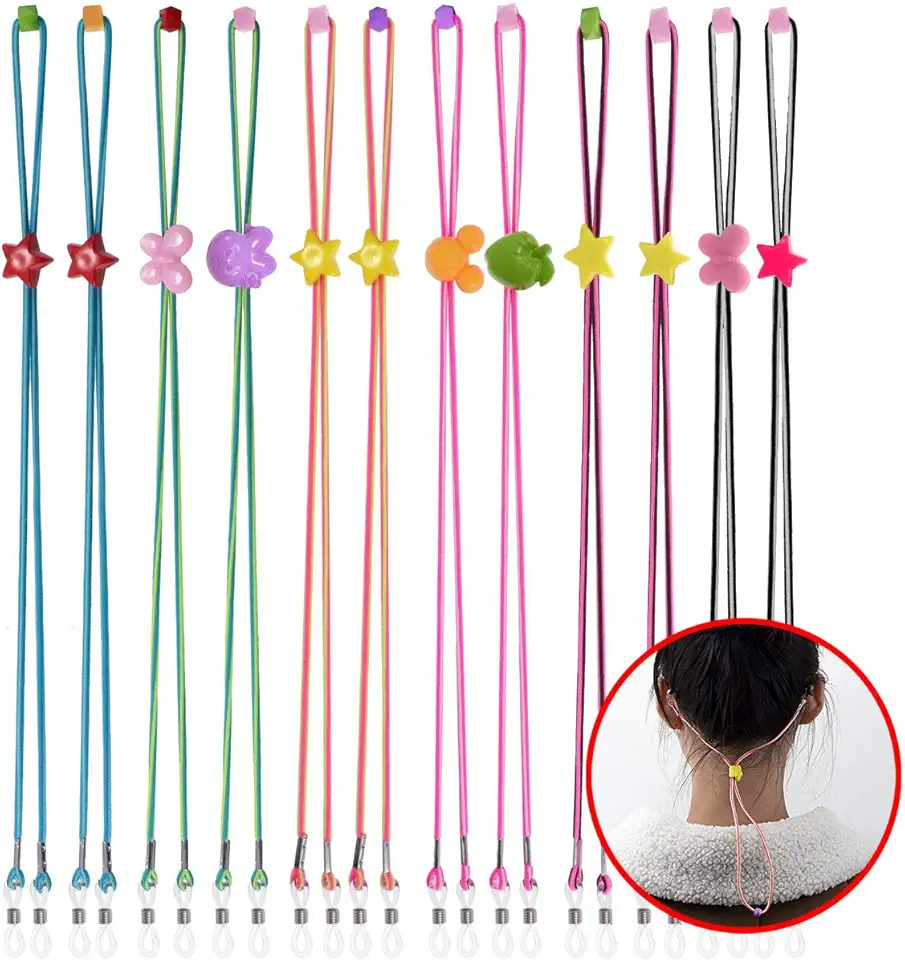 ANCIRS 12 peças de suporte de alça de óculos infantil, cordões de corrente de óculos infantis – Retentores ajustáveis para óculos para meninos/meninas, cordão de óculos de leitura, imagens coloridas,
