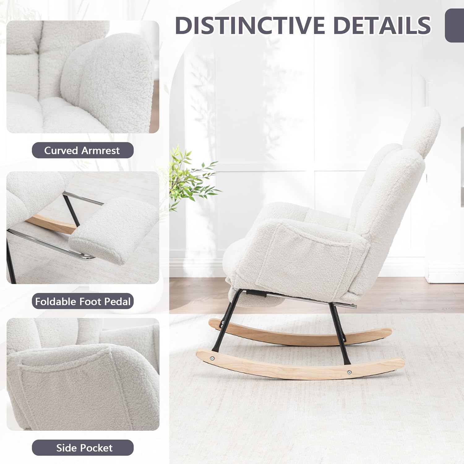 MINCETA Nursing Rocking Chair with Foot Rest, Modern Nursery Chair for Breastfeeding and Relaxing, Upholstered Glider with Head Support, High Back Ergonomic Design for Nursing Mom and Baby, White