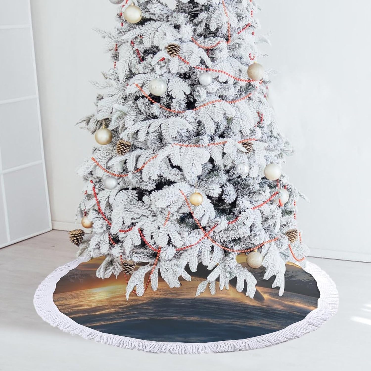 Whale Sea Underwater Animal Christmas Tree Skirt Round Xmas Tree Mat Ornaments Tree Skirts with Tassels for Holiday Party