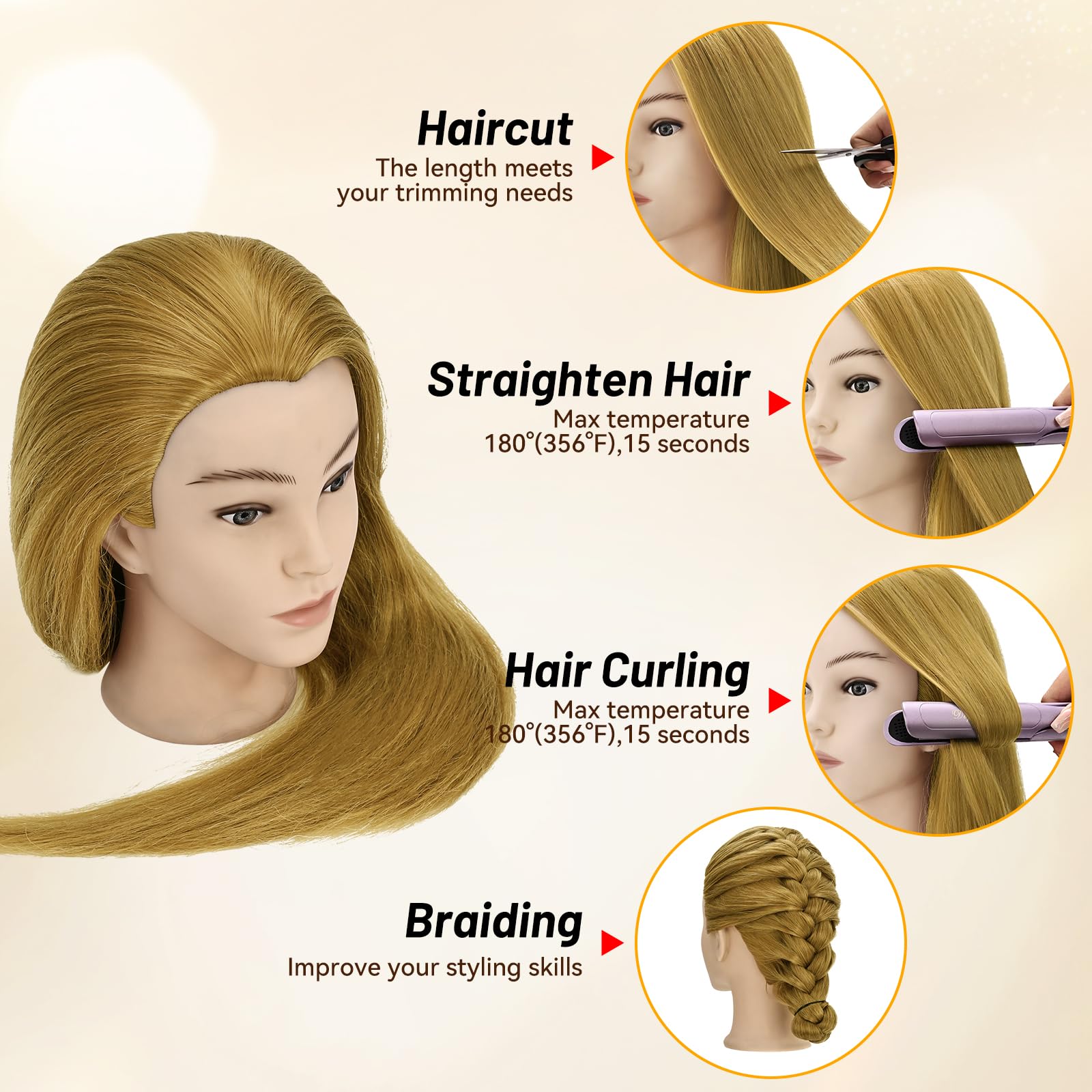 Yekavo Hairdressing Head, Hair Mannequin Head with 90% Real Hair 61cm/24in, Doll Head for Hair Styling Cosmetology&Training - Image 3