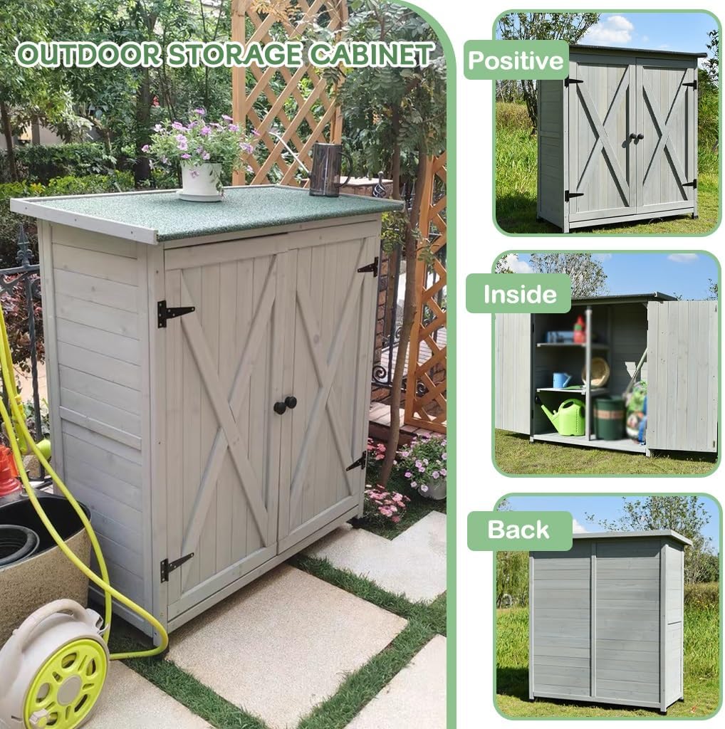 Outdoor Potting Bench Work Station Table with Storage Cabinet & Shelves - Garden Patio for Plants, Tools & Supplies - Gray Garden Shed,Grey-110X55X100Cm