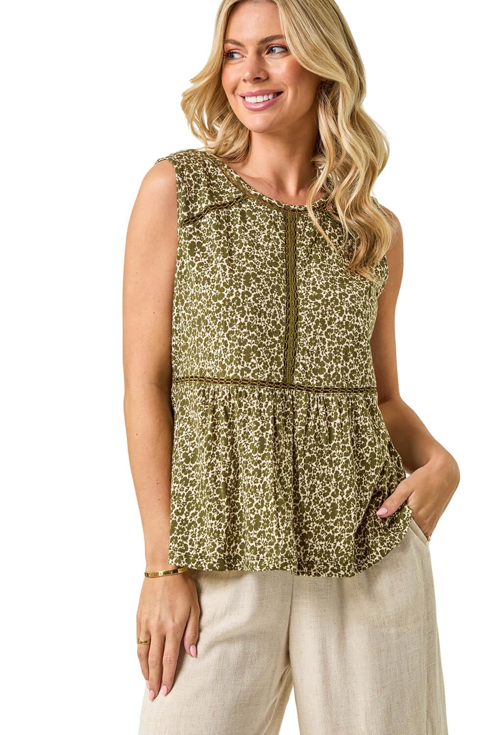Roman Women's Khaki Petite Floral Print Trim Vest Top In | : Size 18
