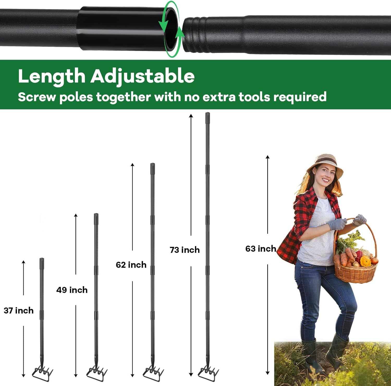 Azada de jardín 2 en 1, estribo y cultivador para deshierbar, tallo largo, ligero de pie push-pull hula, rastrillo de escarda para airear, cultivar y excavar (120 cm)
