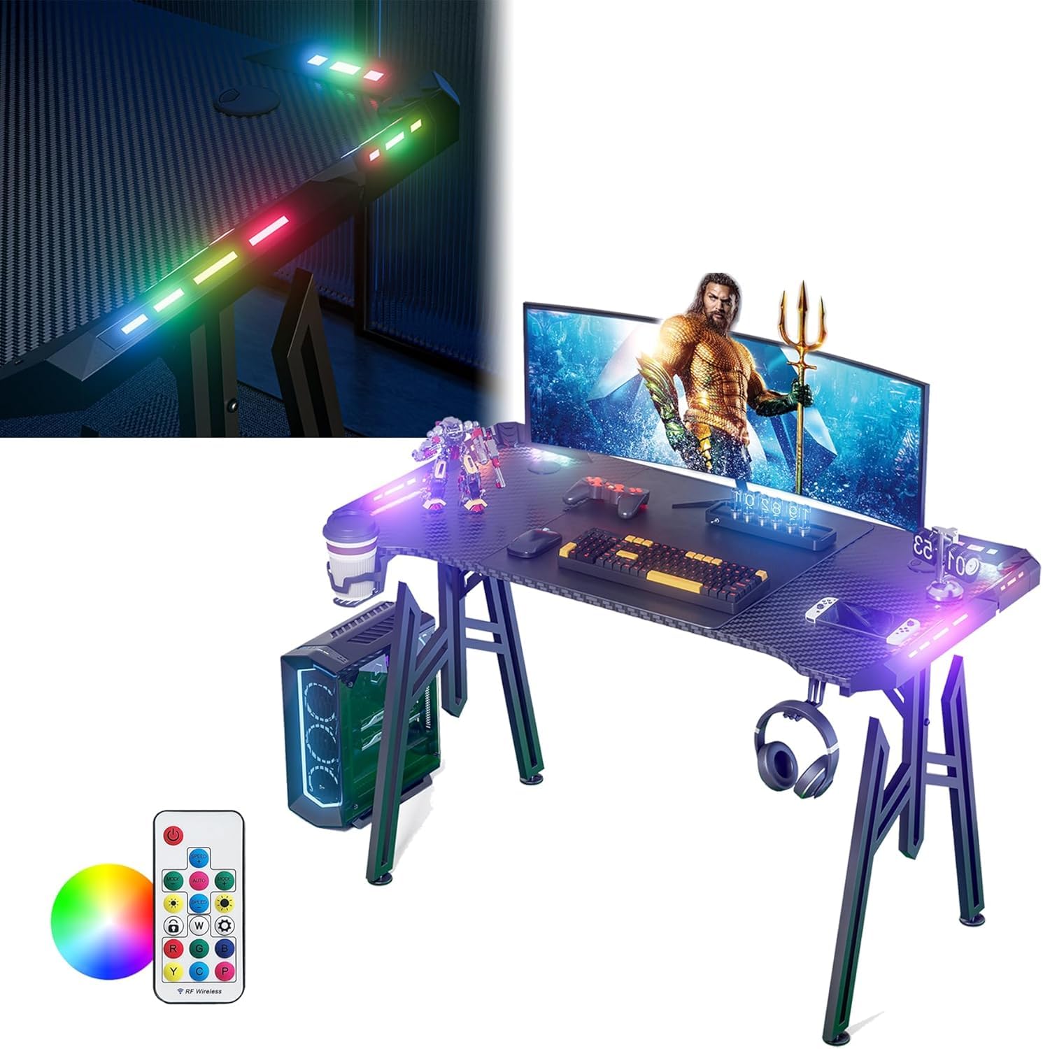 LZQ Scrivania da gaming a LED da 120 x 60 cm, colore nero, tavolo per PC con supporto per bevande e ganci per cuffie, scrivania da gaming ergonomica con telaio M