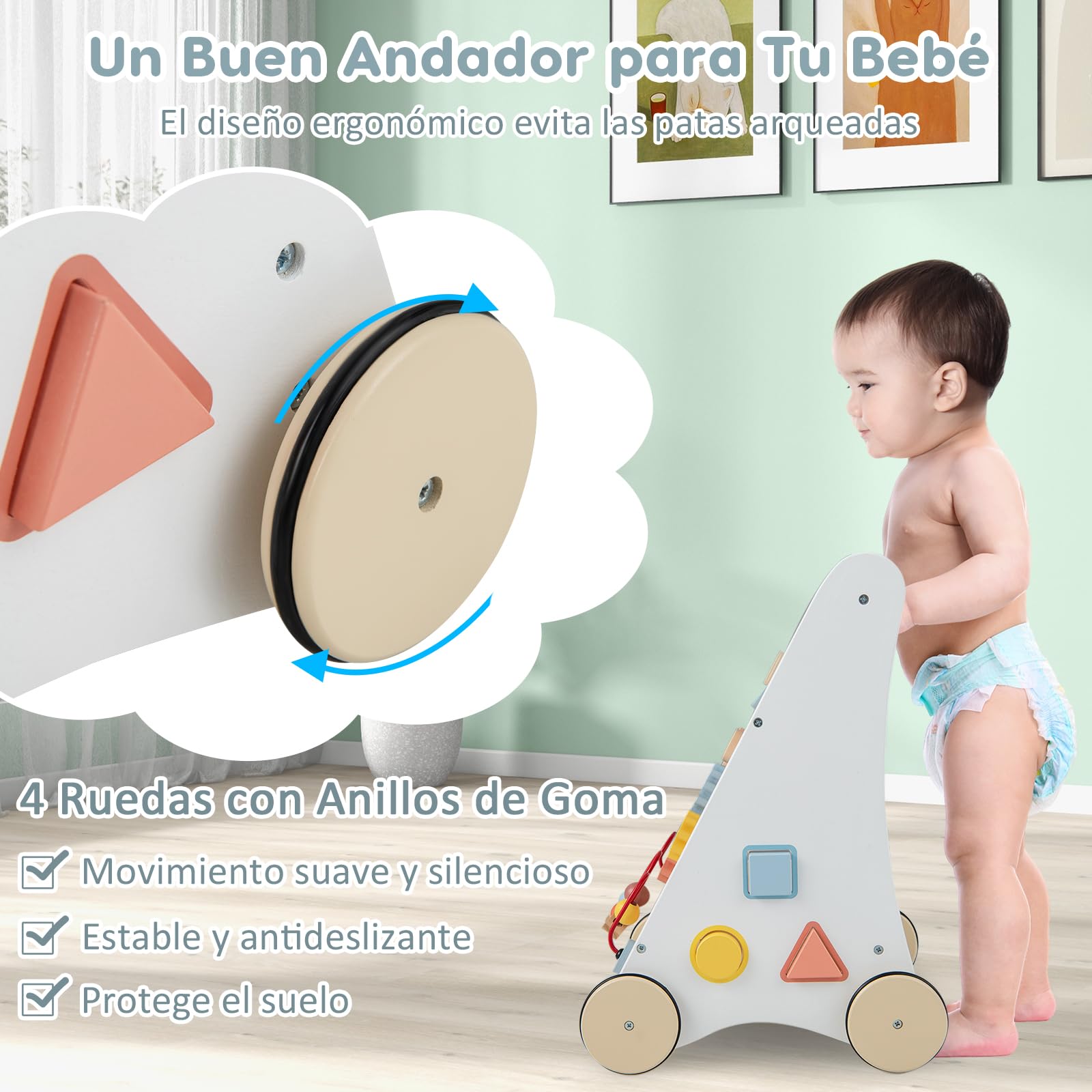 RELAX4LIFE 7 en 1 Andador Bebes de Madera, Parque Infantil Bebe con 7 Juguetes Interactivos y Espacio de Almacenaje, Correpasillos Bebe, Juguete Montessori para Bebés 12+ Meses, 34,5x32,5x45cm, Blanco