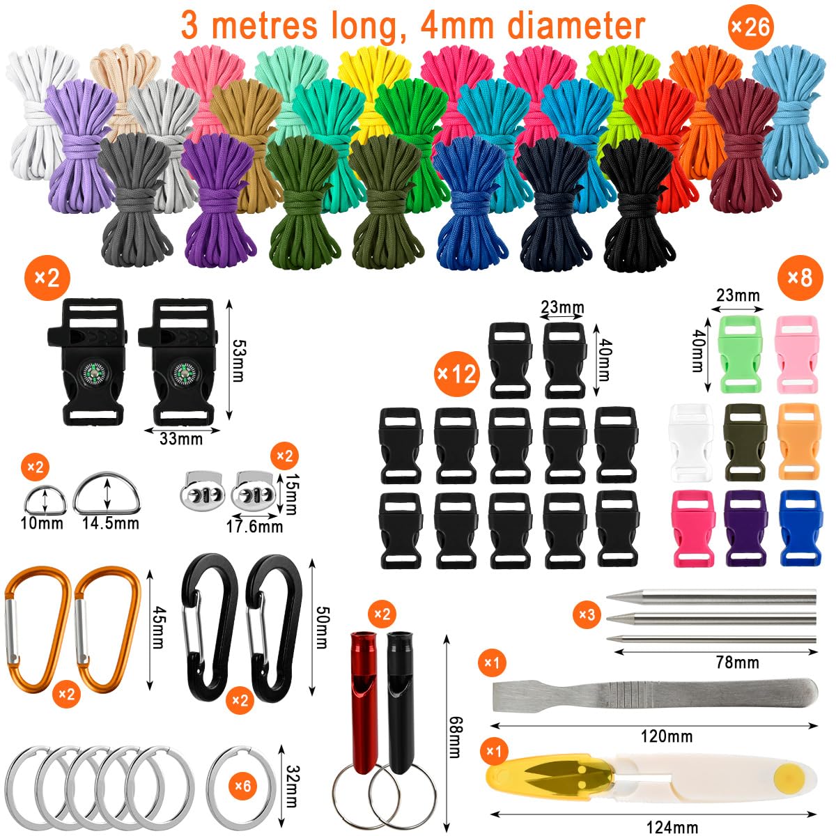 ANNTIM Set Paracord 68 Pezzi - 26 Colori Per Braccialetti, Survival E Fai Da Te