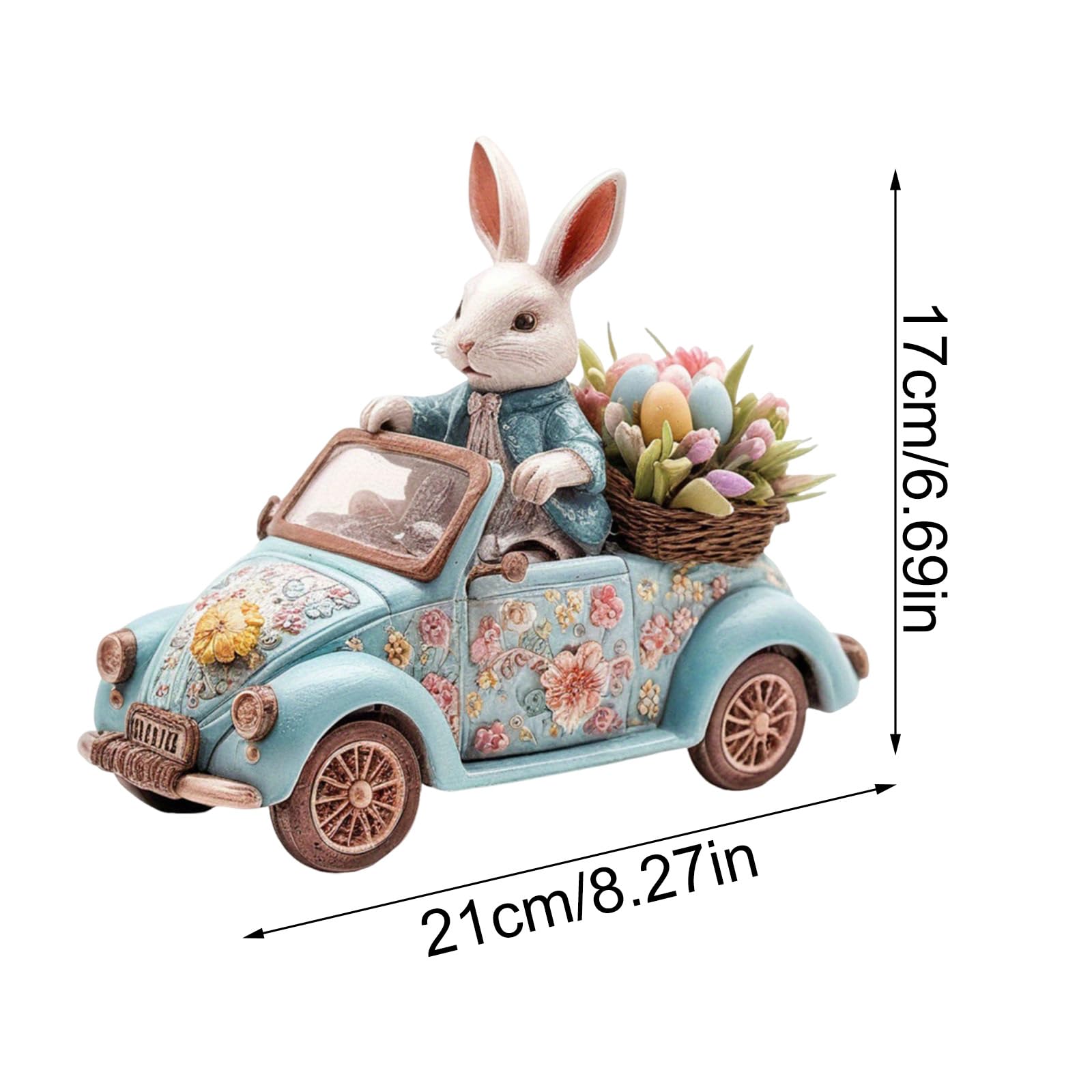 2D Easter Bunny Driving Car Figurine, Acrylic Tabletop Decoration with Floral Design, Blue Vintage Car with White Rabbit and Egg Basket, Spring Holiday Home Decor 021 (#C687) — view 6