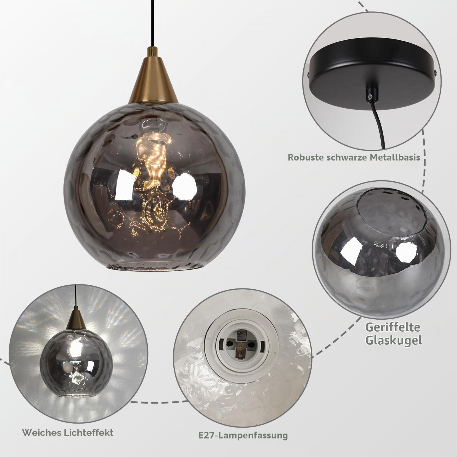 Hammerschlag Rauchglas Pendelleuchte Ø20cm, im Modern Loft-Stil