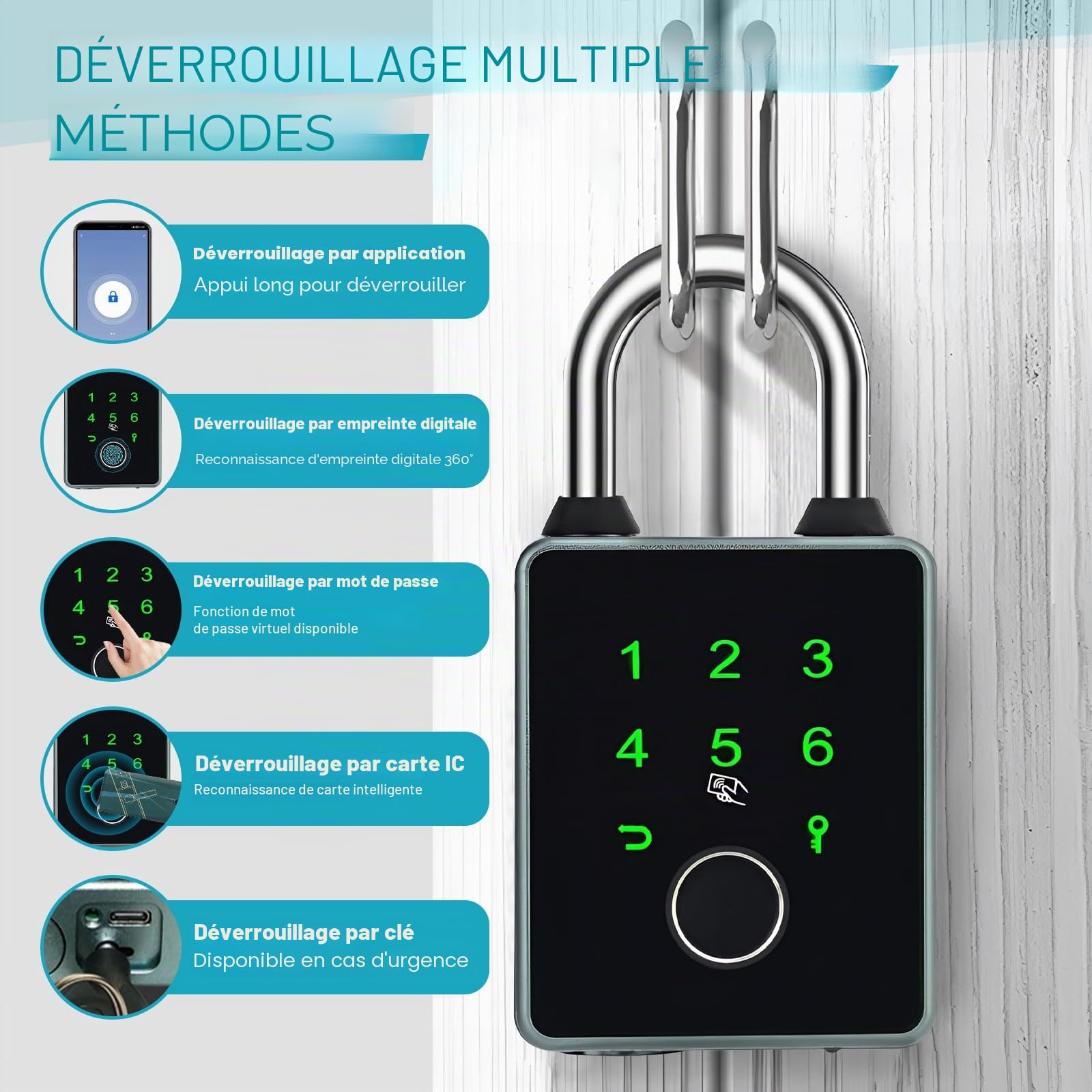 Cadenas intelligent avec 5 façons de déverrouiller, étanche