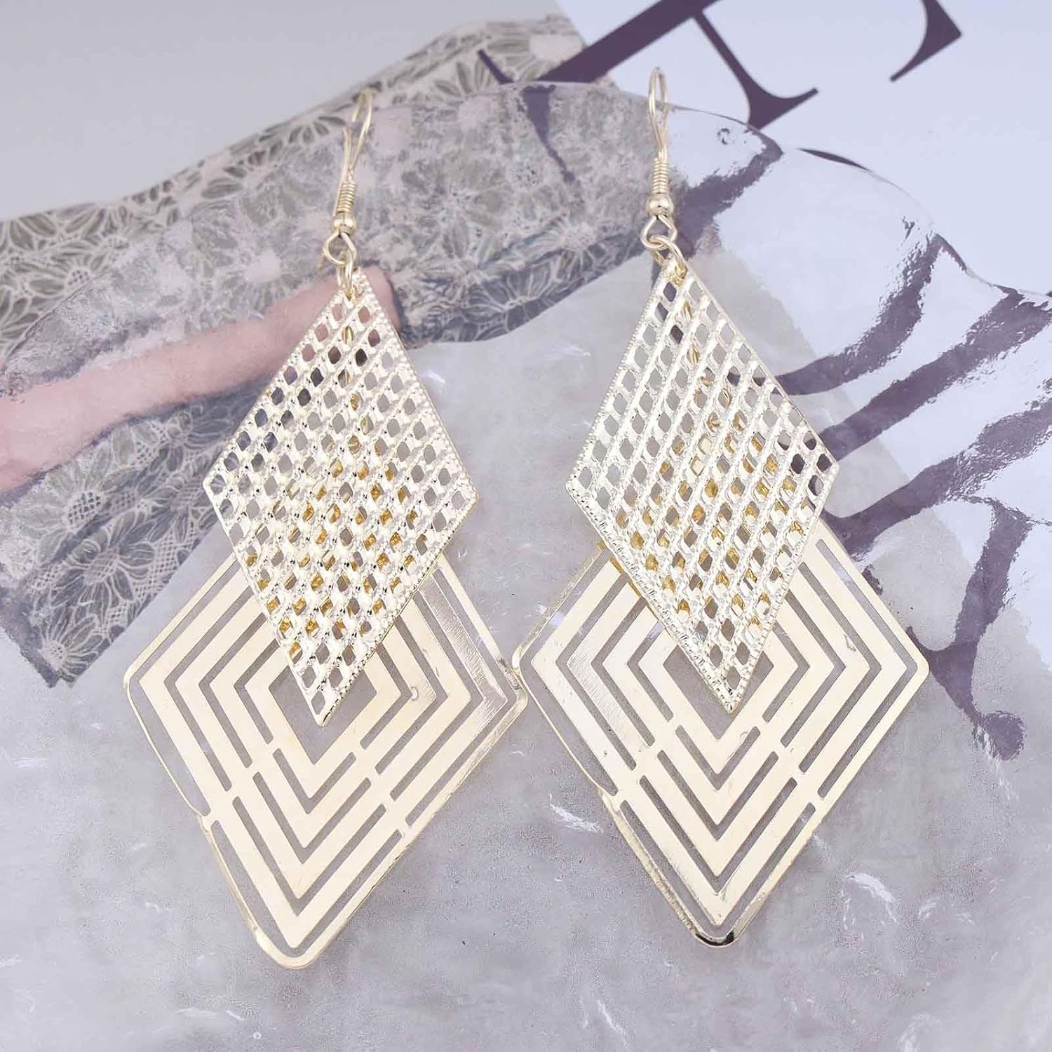 Bohemian Hollow Square Dangle Hook Earrings Big Square Drop Earrings Gold Geometric Rhombus Earrings Statement Square Earrings Jewelry for Women Gifts - Image 3