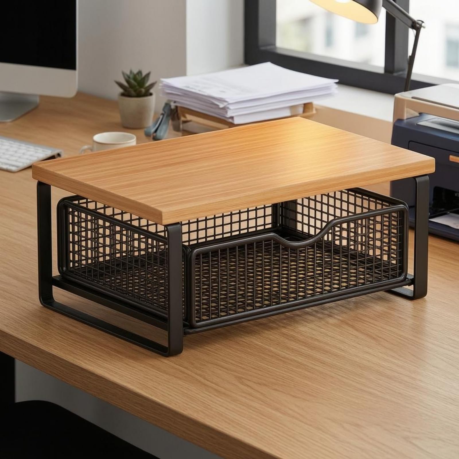 F Fityle Organizer da Scrivania Ufficio Mensola Compatta Portasuppellettili Cestino Estraibile Telaio Dritto Piano Legno per, Stile Nero, Noce, Con Cassetto, Rialzato Senza Installazione