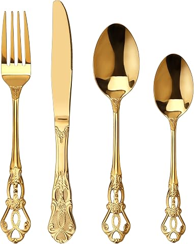 Juego de Cubiertos de Oro Retro para 6, Hermoso Set Dorado de Acero Inoxidable 24 Piezas, Servicio para 6, Tenedor Cuchara Cuchillo, Estilo Barroco Antiguo