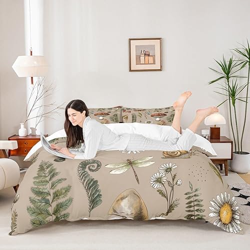 Miniatura 124 de Juego de funda de edredón de 3 piezas, diseño de hongos, diseño de hojas botánicas de acuarela y fresa, para niños, adolescentes, adultos, libélula