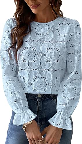 CUPSHE Women Eyelet Long Sleeve Tops Shirts Dressy Hollow Out