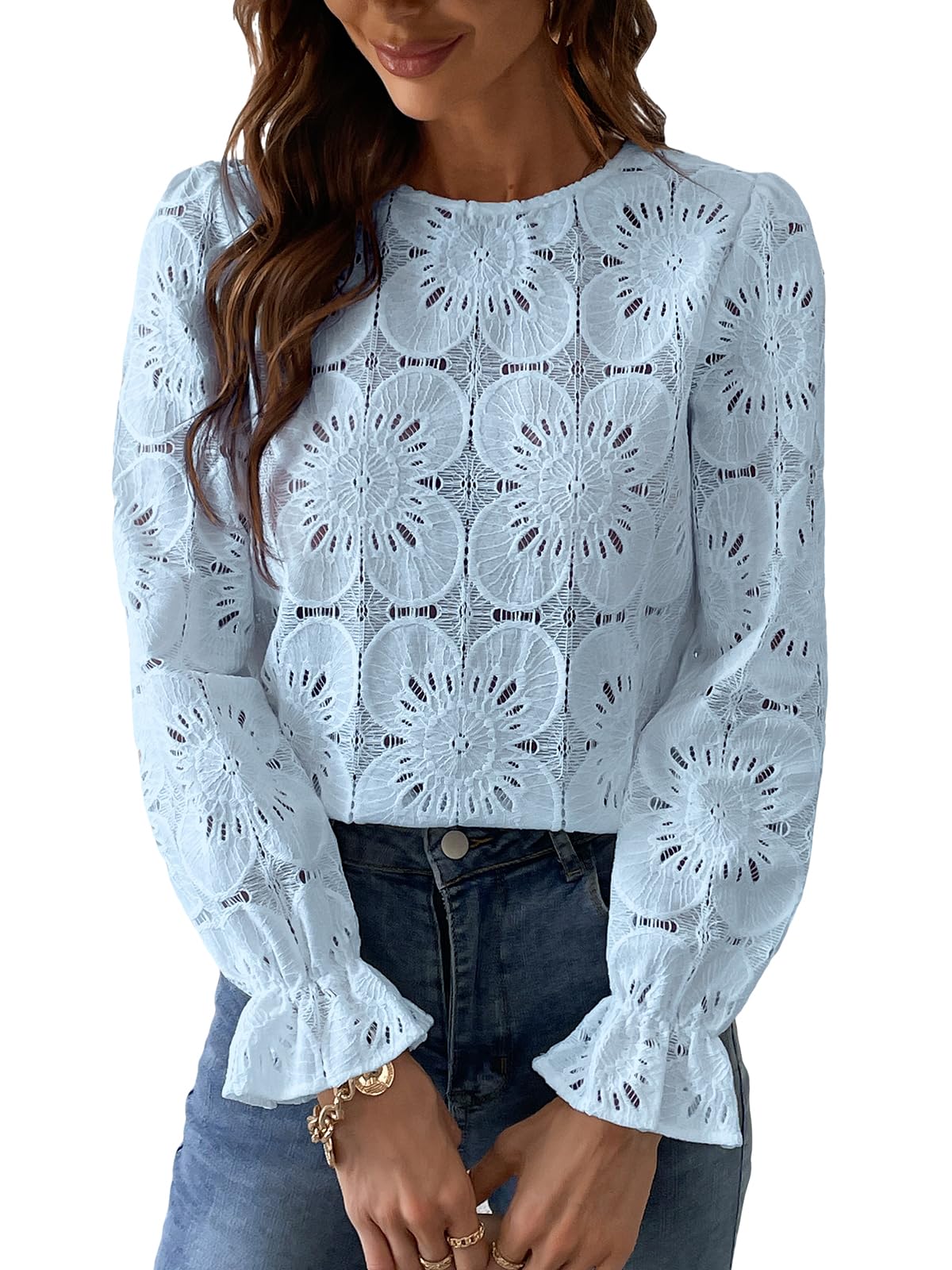 CUPSHE Damen Bluse Blumen Cutout Rundhalsausschnitt Langarm Rüschen Oberteile Casual Shirt Elegant Hemd Tops