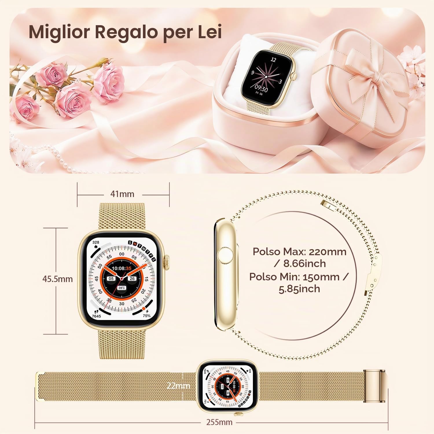 Smartwatch Donna Orologio con Chiamate Bluetooth: 1.83" Oro Smart Watch con QuadranteDinamico Contapassi Monitoraggio Sonno Sportivo Fitness Tracker IP67 impermeabile AI Vocale Compatibile Android iOS