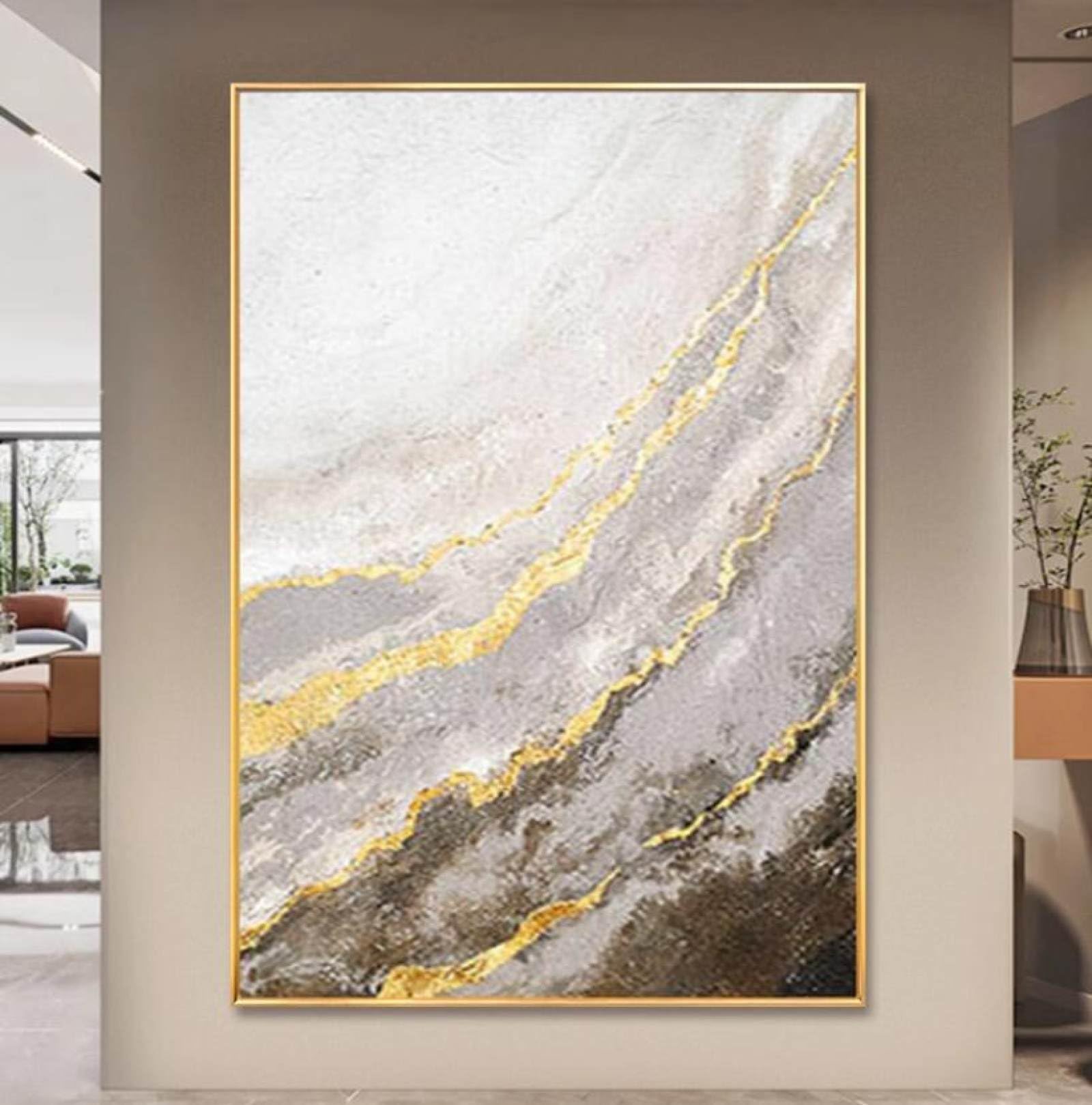 Art de peinture murale moderne 3D abstrait feuille d'or jaune toile
