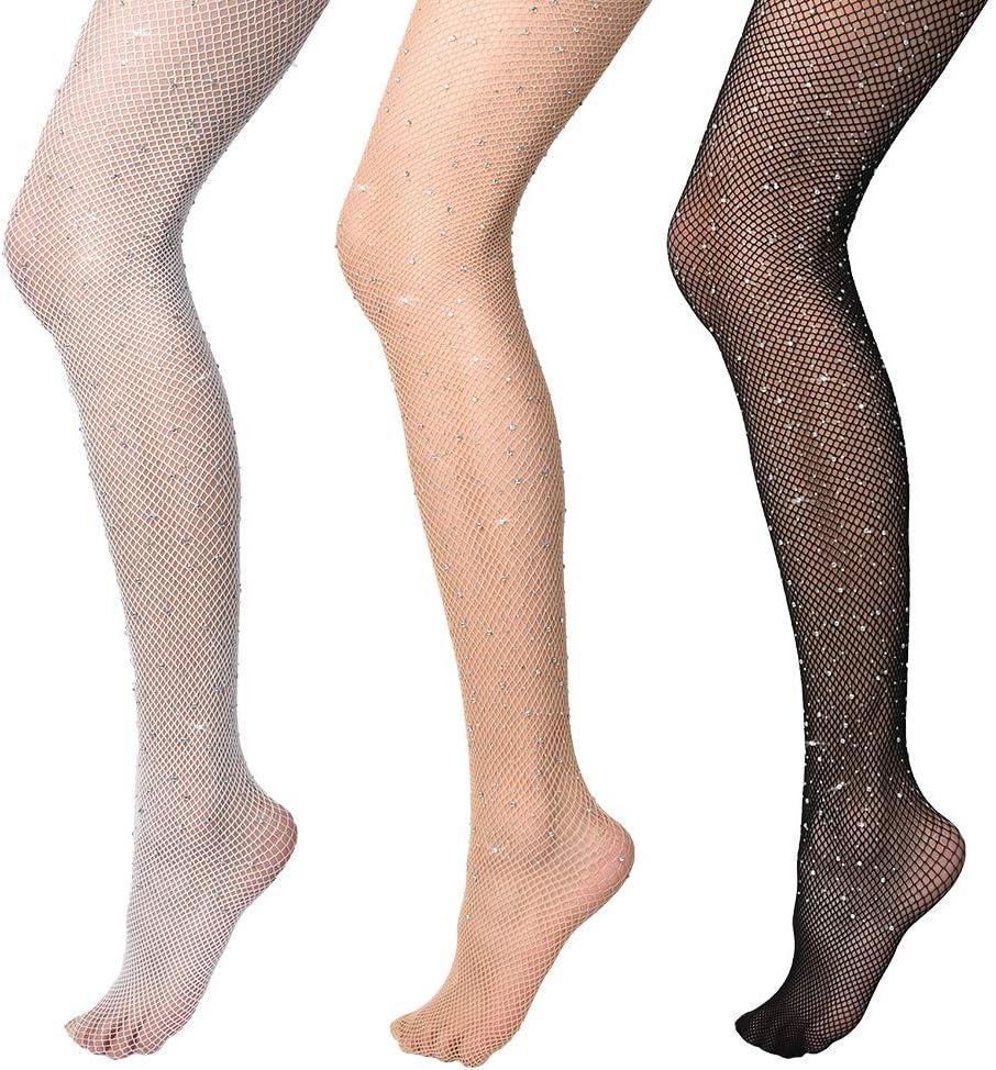 Vathery Womens Fishnet Tights Stockings - 3 Pcs Sparkly Rhinestone Pantyhose Crystal Glitter Black