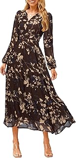 Women's Floral Boho Long Sleeve Maxi Dress V Neck Empire Waist Swing Flo...