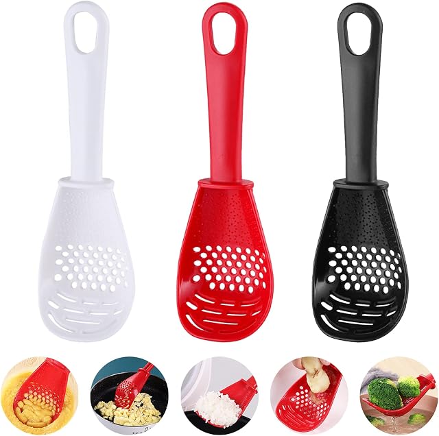 SELERS Multifunctional Kitchen Cooking Spoon, 3 PCS Silicone Skimmer Scoop Grater Masher, Kitchen Tools for Cooking, Draining, Mashing, Grating, Beating, (AA0103)