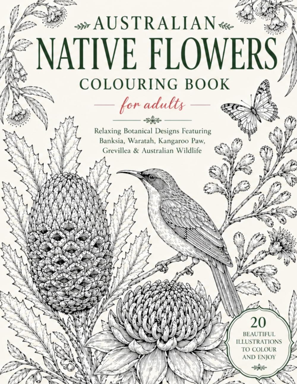 Australian Native Flowers Colouring Book for Adults: Relaxing Botanical Designs Featuring Banksia, Waratah, Kangaroo Paw, Grevillea & Australian Wildlife